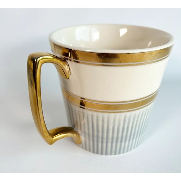 Anthropologie Home "Yours & Mine" Ceramic Cup Mug Ivory Blue Gold Set 2 Flaw - Picture 10 of 16
